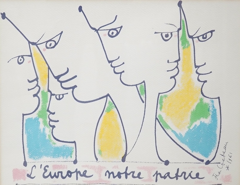 Jean Cocteau (French, 1889-1963), colour lithograph, L'Europe Notre Patrie, signed and dated 1961 in the plate, 31 x 39cm. Condition - fair